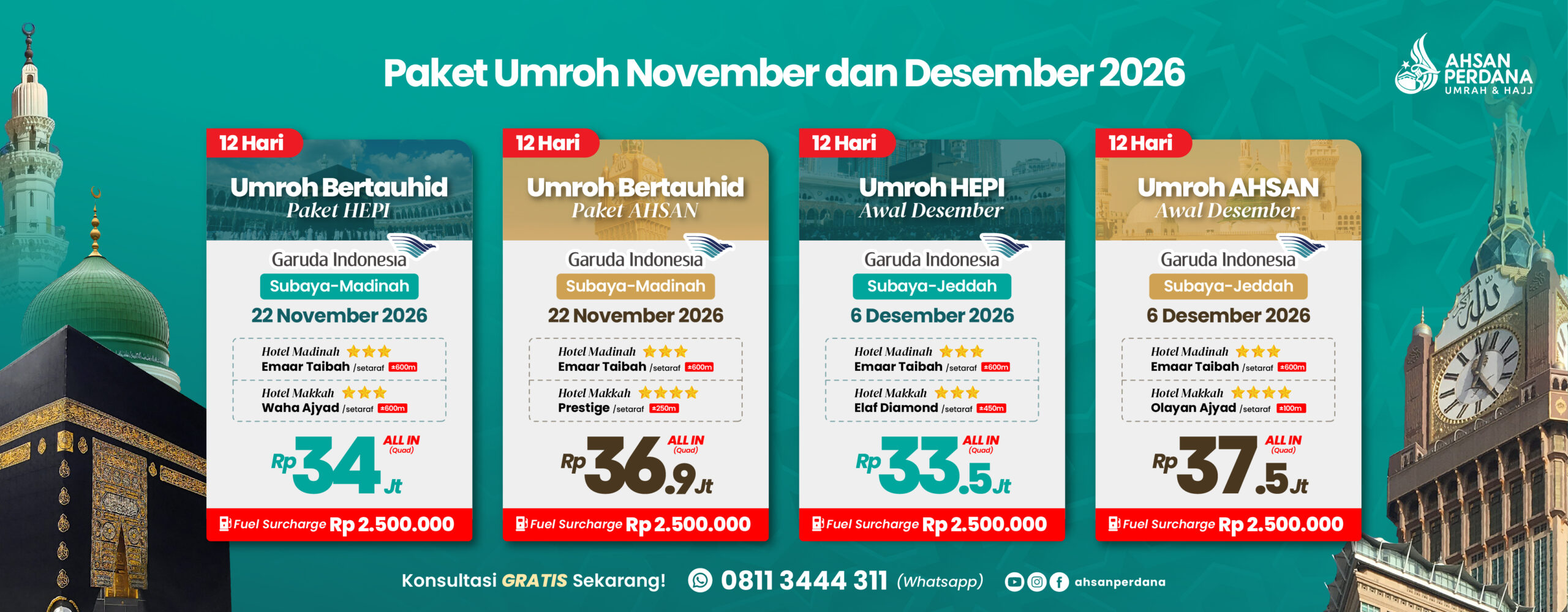 Paket Umroh Ahsan Perdana November dan Desember 2026 dari Surabaya dengan Garuda Indonesia, program Umroh 12 Hari.