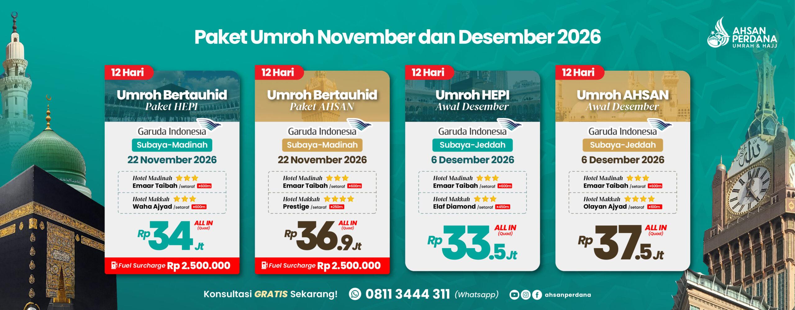 Paket Umroh Ahsan Perdana November dan Desember 2026 dari Surabaya dengan Garuda Indonesia, program Umroh 12 Hari.