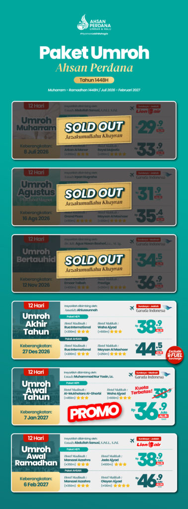 Paket umroh Ahsan Perdana 2026-2027 dari Surabaya dengan bimbingan sesuai sunnah